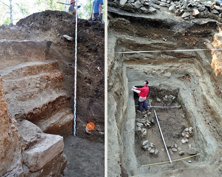 At the burial pit bottom, approximately 3.5 per 2.5 meters in area, were broken ceramic vessels, a long dry stick and artifacts of white nephrite. Bottom left: a fragment of a metal-mounted artifact made of a thin embossed copper plate; bottom right: a fragment of a ceramic lamp