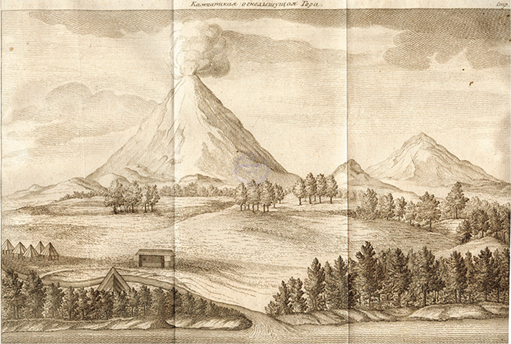 «Камчатская огнедышащая гора». Гравюра из русского издания 1755 г. «Верхняя часть составляет целую треть высоты ее, а окружность ее на подножье больше трехсот верст. Шатер ее весьма ... крут и со всех сторон росщелялся вдоль до самого тощего нутра ее. Самой верх ее от часу становится площе, без сумнения для того, что во время пожара жерло по краям осыпается... Дым из верху ее весьма густой идет беспрестанно, но огнем горит она в сем, в восемь, в десять лет; а когда гореть начала, того не запомнят. Пепел выметывается из ней по объявлению жителей на каждой год по два и по три раза, и иногда в таком множестве, что верст на 300 во все стороны земля им на вершок покрывается». По: (Крашенинников С. П. Описание Земли Камчатки. СПб., 1994. Т. 1. С. 174—175)
