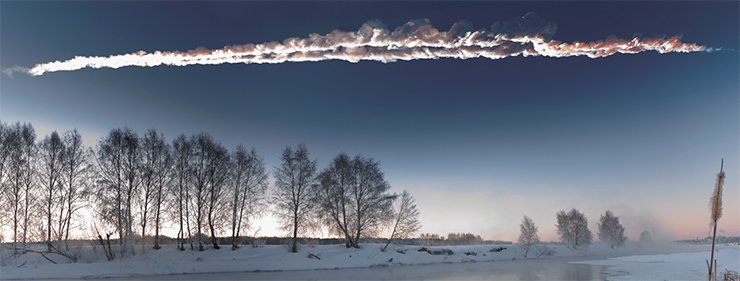 The bolide trail at sunrise. Bifurcation of the vapor trail of the Chelyabinsk bolide suggests the splitting of the meteoroid during its flight in the atmosphere. Photo by M. Akhmetvaleev The bolide trail at sunrise. Bifurcation of the vapor trail of the Chelyabinsk bolide suggests the splitting of the meteoroid during its flight in the atmosphere. Photo by M. Akhmetvaleev