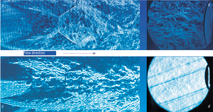 One of the principal advantages of AVT photography is the possibility of visualizing weak perturbations of air density on the background of strong disturbances. For instance, the system and contours of shock waves are clearly seen inside a supersonic free air jet (a), and almost the entire flow regime behind the shock wave can be observed in much detail in a supersonic flow around the flat face of a cylinder (b). At the same time, if the conventional method with the “Foucault knife” is used, the image becomes too noisy (c) or too dull (d) One of the principal advantages of AVT photography is the possibility of visualizing weak perturbations of air density on the background of strong disturbances. For instance, the system and contours of shock waves are clearly seen inside a supersonic free air jet (a), and almost the entire flow regime behind the shock wave can be observed in much detail in a supersonic flow around the flat face of a cylinder (b). At the same time, if the conventional method with the “Foucault knife” is used, the image becomes too noisy (c) or too dull (d)