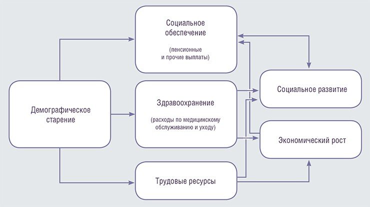 «Макроуровень» влияния демографического старения на общество. В реальности число особо «чувствительных к старению» сфер жизни общества и его функциональных систем гораздо шире, а характер взаимодействий демографических, экономических и социальных факторов многообразен, разнонаправлен и включает большое количество дополнительных участников и посредников  