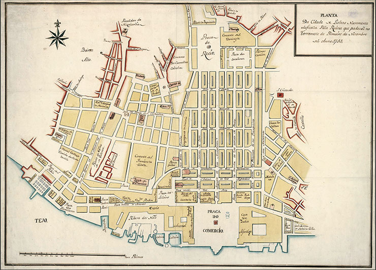 Plan of Lisbon, restored from the ruins after the 1755 earthquake. Public Domain/Biblioteca Digital Hispanica Plan of Lisbon, restored from the ruins after the 1755 earthquake. Public Domain/Biblioteca Digital Hispanica