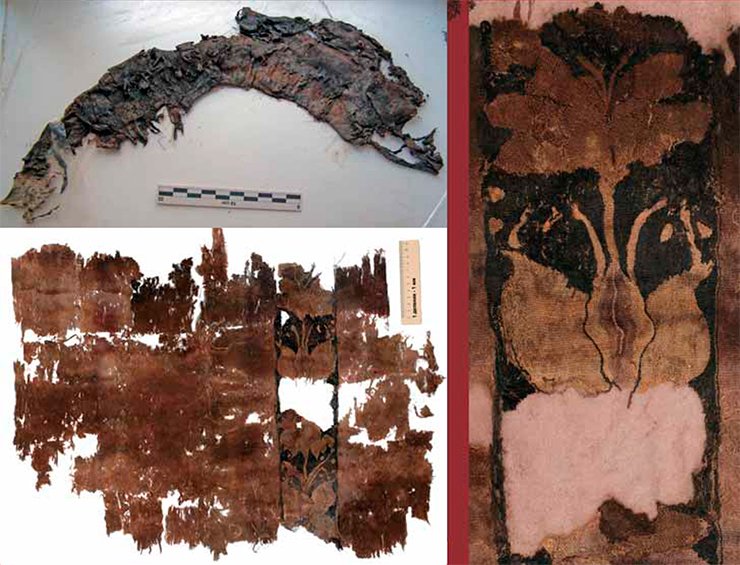 This piece of tapestry fabric from Tumulus 22, Noin-Ula, which had been rolled up several times and stitched with a thick thread, was in a very poor condition (above). However, after the meticulous effort put by E. V. Karpeeva (SB RAS Institute of Archeology and Ethnography, Novosibirsk) to restore the item, it “blossomed” with graceful poppy flowers (right) This piece of tapestry fabric from Tumulus 22, Noin-Ula, which had been rolled up several times and stitched with a thick thread, was in a very poor condition (above). However, after the meticulous effort put by E. V. Karpeeva (SB RAS Institute of Archeology and Ethnography, Novosibirsk) to restore the item, it “blossomed” with graceful poppy flowers (right)