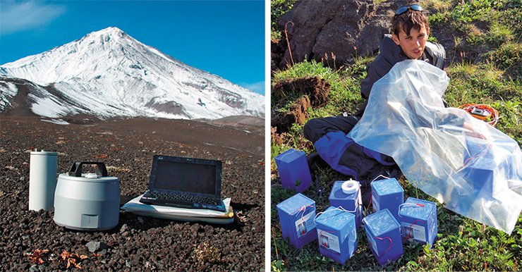 The main components of seismic stations installed on Gorelyi are a Baikal recorder and a CME 4111 detector (left), manufactured in Russia. These tools are buried for a year. The constant operation of one seismic station during a year demands several batteries weighing 40 kg in total