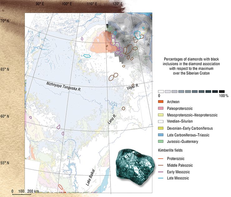 Unusual diamonds with black flaky inclusions occur only on the northeastern Siberian Craton. They form there anomalies along the eastern margin of the Anabar Shield, in the area of the Olenek Uplift. There are next to no such diamonds south of the Muna River