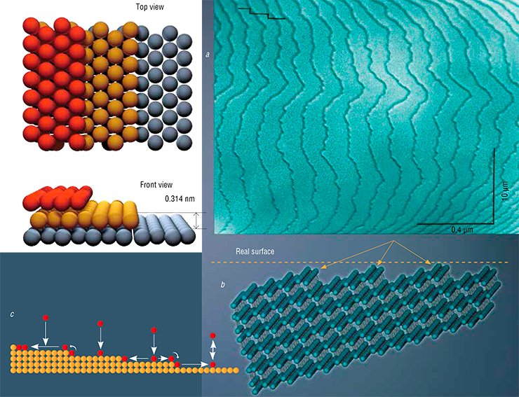 Atomic steps are formed on the silicon surface due to the protrusion of crystal lattice planes closely packed with atoms: (a) REM images of 0.314-nm high atomic steps on the Si(111) surface; (b) atomic model of the steps, made by computer simulation; (c) schematic illustration of various types of atom attachment to a step during their deposition on the surface