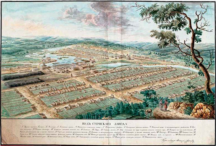 П. К. Фролов. Вид Сузунского завода. Бумага, графит, акварель. 90×50 см. РГИА, ф. 485, оп. 5, д. 856, л. 3