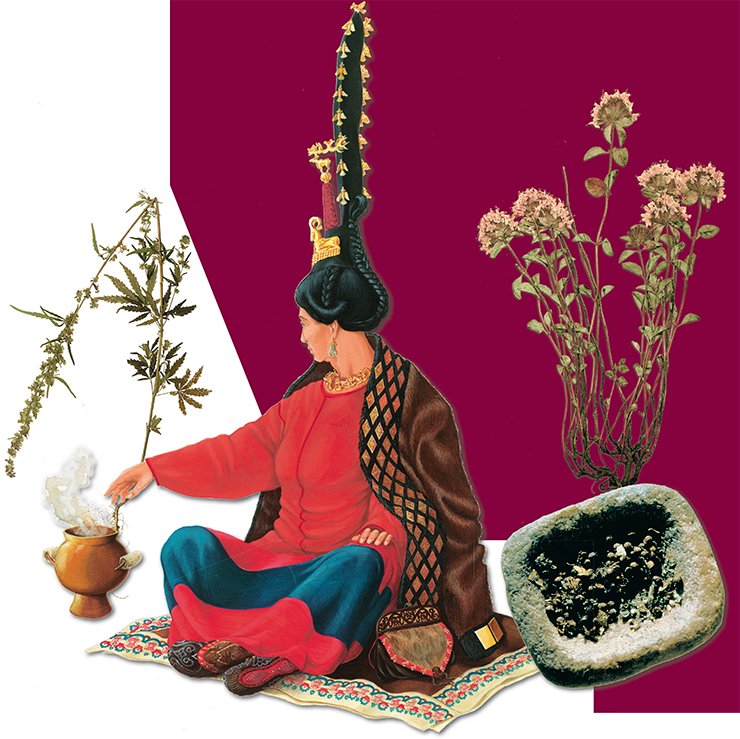 Female costume. Second Pazyryk Burial Mound. Reconstructed by D. Pozdnyakov based on the materials from the State Hermitage (reproduced from N. Polosmak and L. Barkova Costume and Textiles in the Pazyryk Culture of the Altai (fourth to third centuries BC)). Stone dish containing burnt coriander seeds. Tomb 1, Ak-Alakha-3 burial site. (Museum of the Institute of Archaeology and Ethnography SB RAS). All plants from the Pazyryk burials on the Ukok Plateau were identified at the Laboratory of the Herbarium of the Central Siberian Botanical Garden SB RAS by E. Korolyuk (PhD, Biology) and I. Artemiev (PhD, Biology); coriander was identified by M. Lomonosova