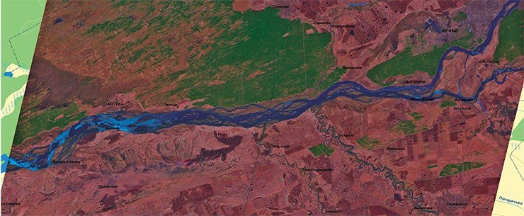 Вода и огонь… На карте паводковой обстановки в бассейне р. Обь (вверху), составленной по данным космического аппарата «Spot-4», ниже речного русла виден очаг пожара. Пространственное разрешение 20 м; 14 апреля 2011 г.