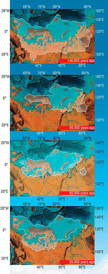 Fluctuations in the volume of ice over the last 140,000 years are exemplified by the Karsk-Scandinavian (Euroasian) glacier which melted and grew very unevenly (on the right). According to: (Svendsen et al., 2004)