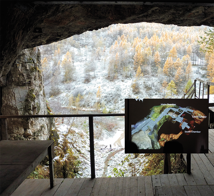 The view of the Anui valley from the Denisova Cave must not have changed much in the last millennia. The entrance to the cave though was two meters from the ground level instead of the six meters we have today. Photo by M. Kozlikin. Bottom right: Digital 3D-model of the Denisova Cave: the central, eastern and southern halls. Trimetary Consulting (St Petersburg) The view of the Anui valley from the Denisova Cave must not have changed much in the last millennia. The entrance to the cave though was two meters from the ground level instead of the six meters we have today. Photo by M. Kozlikin. Bottom right: Digital 3D-model of the Denisova Cave: the central, eastern and southern halls. Trimetary Consulting (St Petersburg)