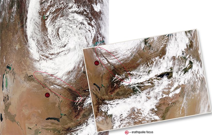 May 31, 2009. Disruption of cumulonimbus clouds in the form of a canyon took place over the Thalasso-Fergana Fault in Kazakhstan. Left – a revolving cloudy spiral is approaching the fault over which a canyon is forming. Right - as the cloudy spiral is approaching the fault, the canyon acquires an increasingly distinct shape. Two weeks later, on June 16, an earthquake with the magnitude of 4.5 took place near the fault. The photos taken from satellite Terra and Aqua (NASA/GSFC, Rapid Response) May 31, 2009. Disruption of cumulonimbus clouds in the form of a canyon took place over the Thalasso-Fergana Fault in Kazakhstan. Left – a revolving cloudy spiral is approaching the fault over which a canyon is forming. Right - as the cloudy spiral is approaching the fault, the canyon acquires an increasingly distinct shape. Two weeks later, on June 16, an earthquake with the magnitude of 4.5 took place near the fault. The photos taken from satellite Terra and Aqua (NASA/GSFC, Rapid Response)