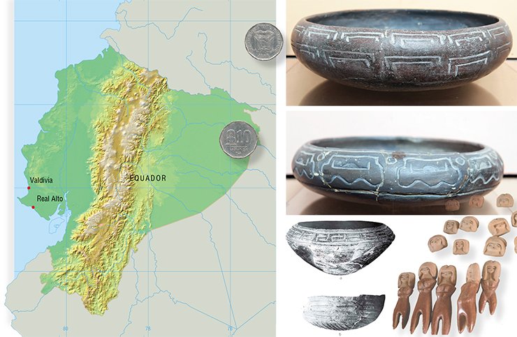 Over the past half-century, archaeologists discovered on the Pacific coast of Ecuador, including near the villages of Valdivia and Real Alto, a number of sites of an ancient agricultural culture with a sophisticated ceramic technology. Above: Pottery of the Valdivia culture, the early stage. Photo by A. Popov. Below: ceramic vessels of the Jomon culture. The shape of the vessels is typical of Valdivia. Photo from the book Early Formative Period of Coastal Ecuador: The Valdivia and Machalilla Phases by B. J. Meggers, C. Evans, and E. Estrada (Washington, D.C.: Smithsonian Institution, 1965) Over the past half-century, archaeologists discovered on the Pacific coast of Ecuador, including near the villages of Valdivia and Real Alto, a number of sites of an ancient agricultural culture with a sophisticated ceramic technology. Above: Pottery of the Valdivia culture, the early stage. Photo by A. Popov. Below: ceramic vessels of the Jomon culture. The shape of the vessels is typical of Valdivia. Photo from the book Early Formative Period of Coastal Ecuador: The Valdivia and Machalilla Phases by B. J. Meggers, C. Evans, and E. Estrada (Washington, D.C.: Smithsonian Institution, 1965)