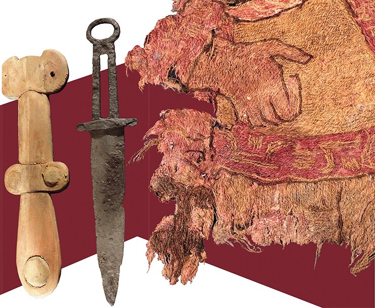 The men in short jackets are wearing, on the right side, daggers tied to the thigh, hitched to the leg with two straps fastened on the other end to the four blades of the scabbard. Wooded scabbards of the same shape were discovered in abundance in the Pazyryk graves in the Gorny (Mountainous) Altai (Kubarev, 1987). This type of scabbards was inherited from the nomads of Central Asia by the Parthians and later by their successors, Sassanids (Nikonorov, 2005)