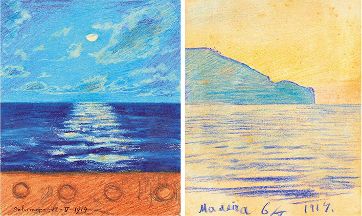 Colored pencil drawings made by Manizer onboard the ship during the voyage to South America: “Madeira” (Madeira Island), May 6, 1914 (SPBB ARAS. F. 985. Op. 1. D. 2 L. 1) and “Equator,” May 12, 1914 (SPBB ARAS. F. 985. Op. 1. D. 3. L. 1) Colored pencil drawings made by Manizer onboard the ship during the voyage to South America: “Madeira” (Madeira Island), May 6, 1914 (SPBB ARAS. F. 985. Op. 1. D. 2 L. 1) and “Equator,” May 12, 1914 (SPBB ARAS. F. 985. Op. 1. D. 3. L. 1)