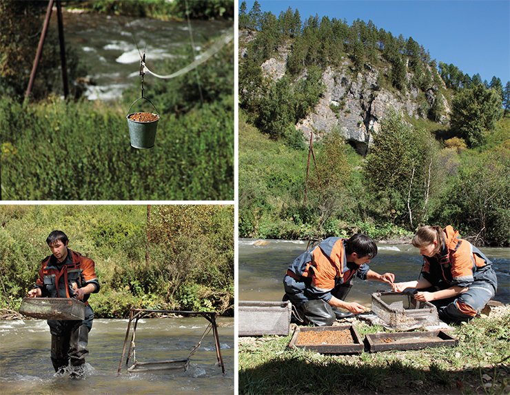 Stretching from the cave to the opposite bank of the Anui are two cables – an improvised rope way used to transport the valuable material down to the river for washing, screening and sorting. Photographed by S. I. Zelensky Stretching from the cave to the opposite bank of the Anui are two cables – an improvised rope way used to transport the valuable material down to the river for washing, screening and sorting. Photographed by S. I. Zelensky