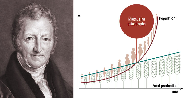 Thomas Robert Malthus, a priest, demographer, and economist. 1833. Drawing by J. Linnell. Public Domain. In the original formulation of Malthus’ Law, population grows exponentially and food production grows linearly, and at some point food becomes insufficient, causing famines, epidemics, and wars. Subsequently, Malthus suggested that population growth constantly approaches a critical level but stays there as a result of social disasters
