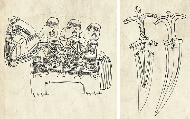 Drawing of the stone statue by Ye. Shumakova. Chilanum, an l Indian dagger. Drawn by Ye. Shumakova. From: (Nosov, 2011) Drawing of the stone statue by Ye. Shumakova. Chilanum, an l Indian dagger. Drawn by Ye. Shumakova. From: (Nosov, 2011)
