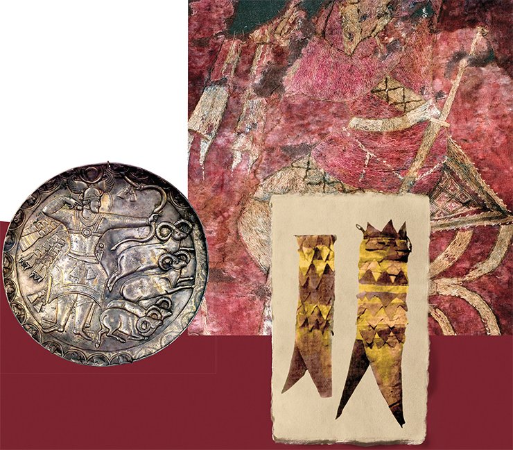 There is an original detail in the outfit of the men embroidered on the carpet – light flying ribbons with two triangular flaps sewn on to each of their ends. On the central character, they are hanging under his raised arms (since not all the fragments of the carpet are preserved, it is impossible to see the place to which they were attached). Similar ribbons can be seen on the depictions of goddess Athina Pallada on the coins of the Indo-Greek king Menander I Soter (155—130 BC), and later on the coins of the Indo-Scythian king Azes II (58 BC) (L’Asie des steppes, 2000). Later, they were worn by Sassanid characters like Perose in the hunting scene depicted on a silver dish from the Hermitage collection (left; Trever, Lukonin, 1979). It is not inconceivable that the artifacts made of silk fabric with festoons, discovered in the Noin-Ula kurgans and called burial flags, are, in fact, similar decorations (right; Rudenko, 1962)