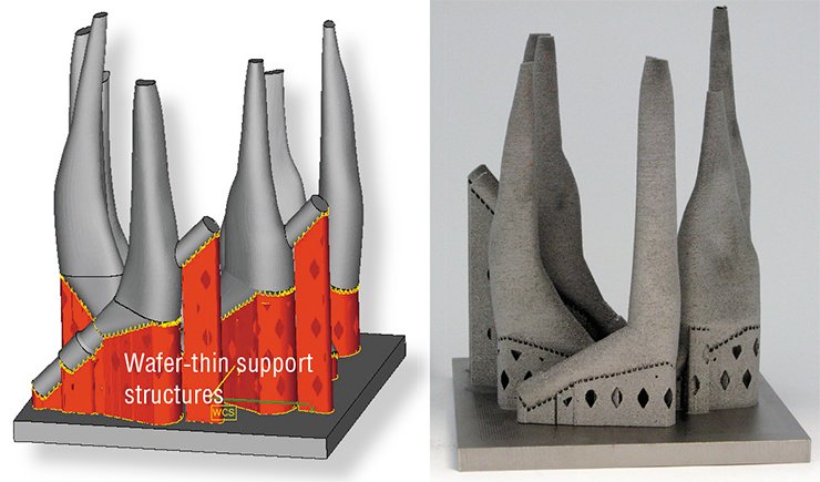 Metal components manufactured in the EBM machine come out “encrusted’ into a mass of semi-sintered powder similar to a fossil in a piece of limestone. The components are cleaned in a special chamber – “sand-blasted” by the same working powder they were built from, so it is also recovered for further use. Top left: the computer model of six individually fit hip stem implants on the start plate of the EBM machine; Top right: the implants manufactured by the EBM machine from Ti- Al- V alloy according to the above computer model and cleaned from the surrounding semi-sintered powder; Bottom: the hip stem implants with different combinations of solid and 3-D net structures with a solid core in the stems Metal components manufactured in the EBM machine come out “encrusted’ into a mass of semi-sintered powder similar to a fossil in a piece of limestone. The components are cleaned in a special chamber – “sand-blasted” by the same working powder they were built from, so it is also recovered for further use. Top left: the computer model of six individually fit hip stem implants on the start plate of the EBM machine; Top right: the implants manufactured by the EBM machine from Ti- Al- V alloy according to the above computer model and cleaned from the surrounding semi-sintered powder; Bottom: the hip stem implants with different combinations of solid and 3-D net structures with a solid core in the stems