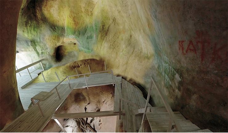 In 2012, within the frames of the project “Virtual Denisova Cave in Altai” a 3D-digital model of the cave and findings discovered in it was made, as well as software for the interactive visualization of this information. Top: entrance to the Denisova Cave, bottom: the central hall. 3D-presentation by the Trimetary Consulting (St Petersburg) In 2012, within the frames of the project “Virtual Denisova Cave in Altai” a 3D-digital model of the cave and findings discovered in it was made, as well as software for the interactive visualization of this information. Top: entrance to the Denisova Cave, bottom: the central hall. 3D-presentation by the Trimetary Consulting (St Petersburg)