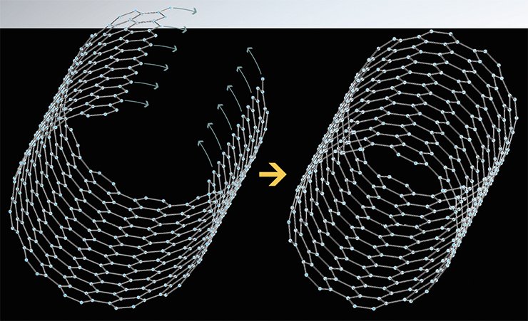 An ideal carbon nanotube can be represented by a cylinder formed by folding a graphite (or graphene) band. The diameter of the cylinder is usually in the order of tens of nanometers, while its length can exceed 10 µm. The surface of this cylinder consists of a network of hexagonal cells formed by carbon atoms. The ends of the cylinder can be either open or closed by semispherical or polyhedral heads