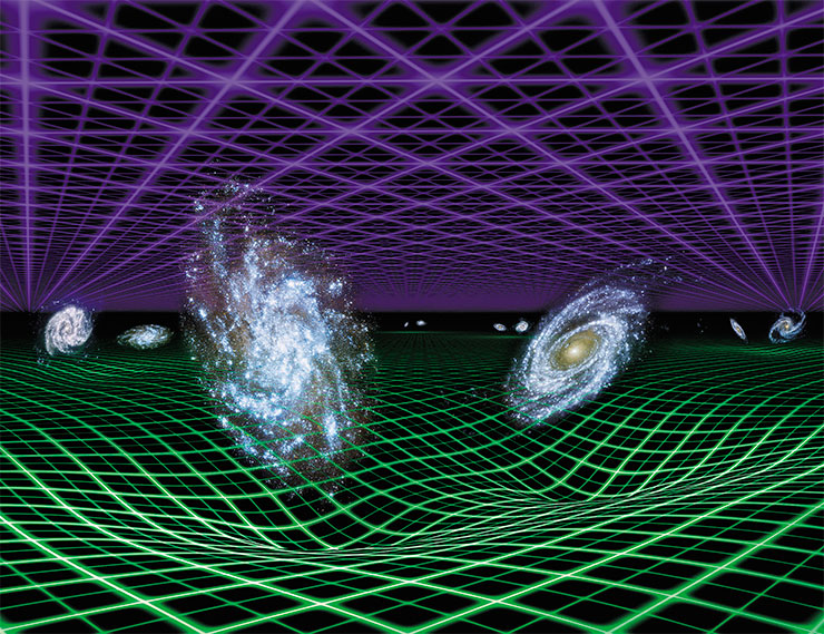 Modern astronomers believe that the expansion of the Universe is governed by both the force of gravity, which slows it down, and the mysterious dark energy, which acts in the opposite direction. They believe that dark energy is “pushing the cosmos apart” ever faster, thus accelerating the expansion of the Universe. Gravity is inherent in all matter, but its effects manifest themselves locally, diminishing rapidly over long distances. The purple grid in the figure indicates dark energy; the green one represents gravity. © NASA/JPL-Caltech Modern astronomers believe that the expansion of the Universe is governed by both the force of gravity, which slows it down, and the mysterious dark energy, which acts in the opposite direction. They believe that dark energy is “pushing the cosmos apart” ever faster, thus accelerating the expansion of the Universe. Gravity is inherent in all matter, but its effects manifest themselves locally, diminishing rapidly over long distances. The purple grid in the figure indicates dark energy; the green one represents gravity. © NASA/JPL-Caltech