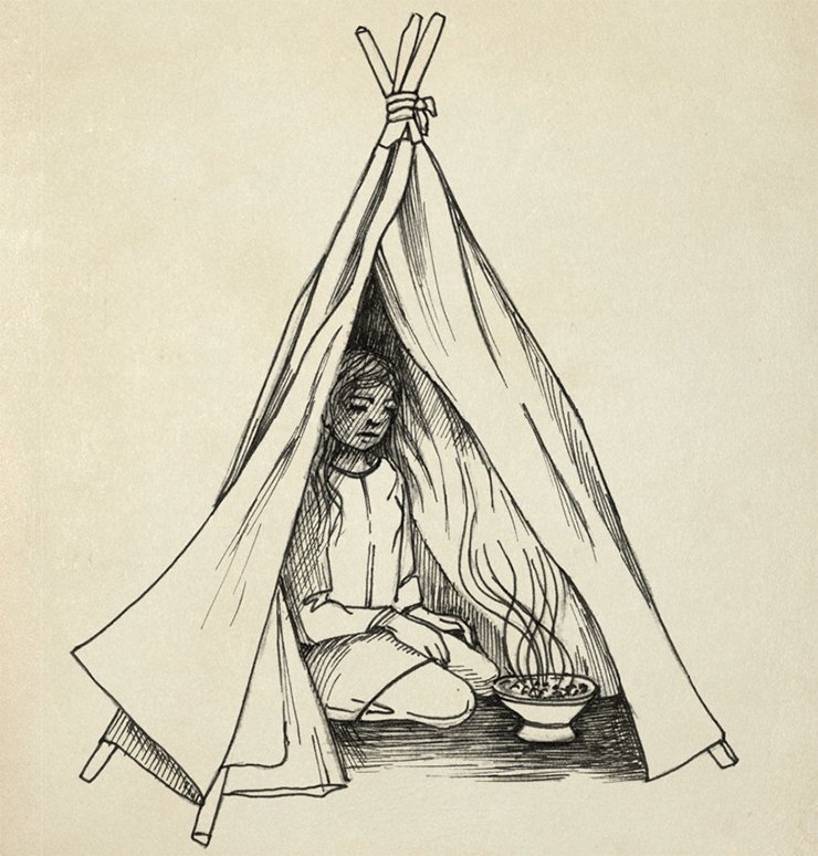 Archaeological materials make it possible to reconstruct the ancient cannabis burning process which, according to Herodotus, was performed in Scythian baths. The tent was made of woolen felt pulled on a wooden tripod, and cannabis was placed into a bronze incense burner together with hot stones. During the cannabis smoldering there emerged vapors which contained toxic metal-organic components. Drawing by E. Shumakova Archaeological materials make it possible to reconstruct the ancient cannabis burning process which, according to Herodotus, was performed in Scythian baths. The tent was made of woolen felt pulled on a wooden tripod, and cannabis was placed into a bronze incense burner together with hot stones. During the cannabis smoldering there emerged vapors which contained toxic metal-organic components. Drawing by E. Shumakova