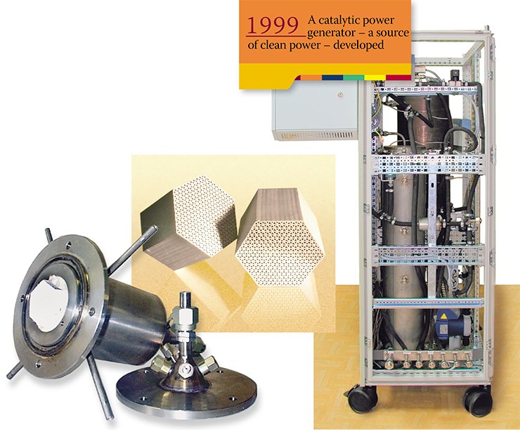 The reactor for methane oxidation to syngas using a monolith catalyst. The reactor volume is 300 ml, consumption of methane-air mix is 4 m³/hour, working temperature is up to 1200°С (left). A mini-plant for the production of hydrogen bearing gas based on the reaction of methane steam conversion. The working temperature is 750–950 °С; syngas capacity is up to 5 m³/hour; specific syngas capacity is up to 0.13 m³/hour·liter The reactor for methane oxidation to syngas using a monolith catalyst. The reactor volume is 300 ml, consumption of methane-air mix is 4 m³/hour, working temperature is up to 1200°С (left). A mini-plant for the production of hydrogen bearing gas based on the reaction of methane steam conversion. The working temperature is 750–950 °С; syngas capacity is up to 5 m³/hour; specific syngas capacity is up to 0.13 m³/hour·liter