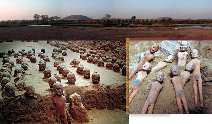 The study of the tomb of the emperor Jing-di in Yangling, the only excavated royal mausoleum to date, revealed miniature sculpture of warriors, civil and court officials, and chariot drivers, buried in special trenches, just like the Qin terracotta army. Each of the figurines was painted, dressed, armed with miniature weapons and equipped with other artefacts appropriate to the owner’s status. Such figurines were carefully arranged in rows according to their ranks The study of the tomb of the emperor Jing-di in Yangling, the only excavated royal mausoleum to date, revealed miniature sculpture of warriors, civil and court officials, and chariot drivers, buried in special trenches, just like the Qin terracotta army. Each of the figurines was painted, dressed, armed with miniature weapons and equipped with other artefacts appropriate to the owner’s status. Such figurines were carefully arranged in rows according to their ranks