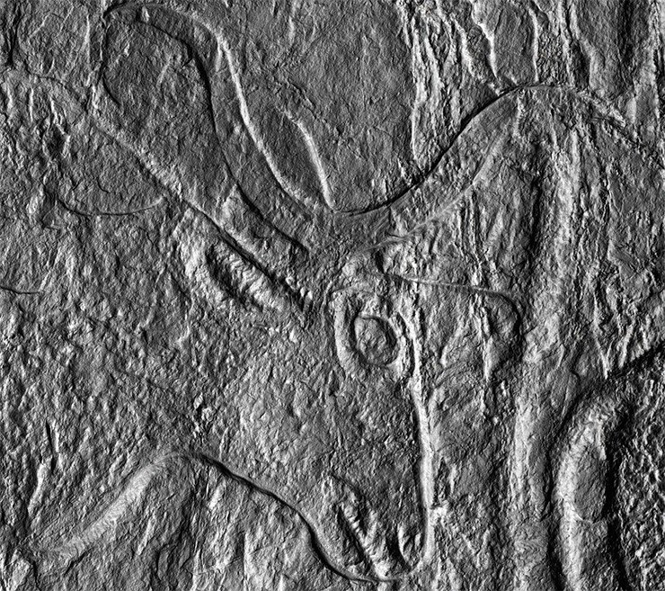 Фрагмент знаменитой Тенгинской стелы (Горный Алтай). Многоугловая теневая фотосъемка. А. Пахунов ©ИА РАН