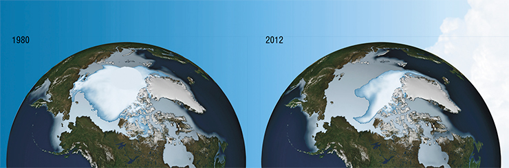 The steady and dramatic decline in the sea ice cover of the Arctic Ocean over the last three decades. Credit: NASA / Goddard Scientific Visualization Studio