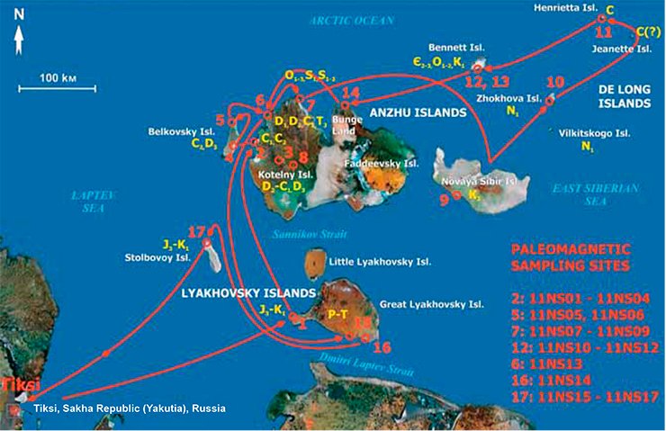 The route plan of the diesel-electric ship Mikhail Somov (Expedition 2011) with stopping points for geological research and targeted sampling