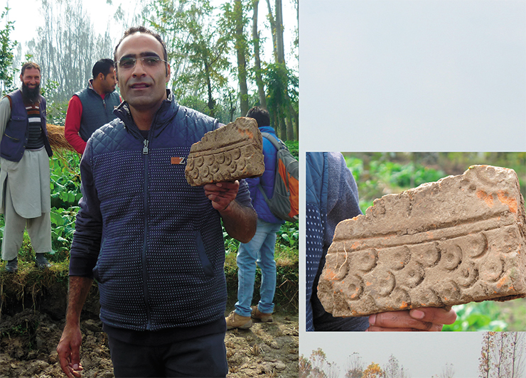 Dr. Mohamad Ajmal Shah holds in his hand a fragment of a terracotta tile found at the Ahan site. These tiles are a signature of the Kushan monuments in Kashmir and real works of art Dr. Mohamad Ajmal Shah holds in his hand a fragment of a terracotta tile found at the Ahan site. These tiles are a signature of the Kushan monuments in Kashmir and real works of art