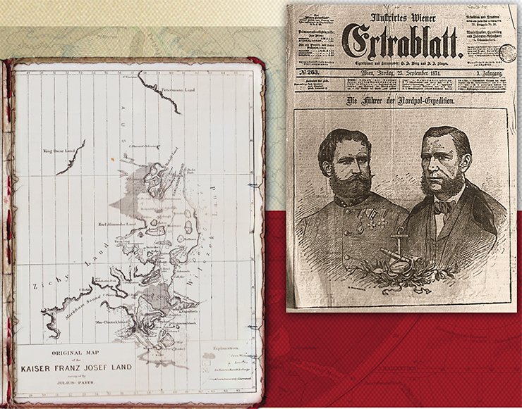 Left: map of the Franz Josef Land Archipelago, drawn by its discoverer Julius von Payer. Nansen, Fridtjof: Farthest North, Vol. II, Constable & Co, London, 1897. On the right: Cover of the illustrated magazine Illustrirtes Wiener Extrablatt (25 September 1874) with portraits of Julius von Payer (left) and Karl Veyprahta (right). Source: Stadtchronik Wien, Verlag Christian Brandstätter, S. 320. Public domain Left: map of the Franz Josef Land Archipelago, drawn by its discoverer Julius von Payer. Nansen, Fridtjof: Farthest North, Vol. II, Constable & Co, London, 1897. On the right: Cover of the illustrated magazine Illustrirtes Wiener Extrablatt (25 September 1874) with portraits of Julius von Payer (left) and Karl Veyprahta (right). Source: Stadtchronik Wien, Verlag Christian Brandstätter, S. 320. Public domain