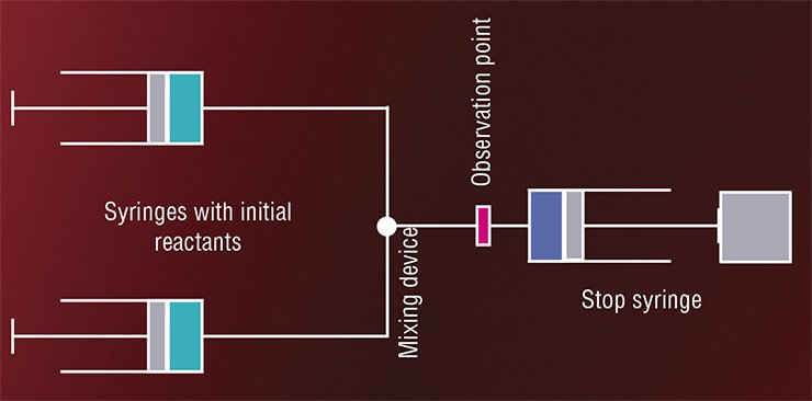 All flow methods for studying fast chemical reactions utilize a quick (approximately 1 ms) mixing of reactants. Left, scheme of the device for the stopped-flow method that requires very small amounts of initial reactants and is widely used in biochemical research All flow methods for studying fast chemical reactions utilize a quick (approximately 1 ms) mixing of reactants. Left, scheme of the device for the stopped-flow method that requires very small amounts of initial reactants and is widely used in biochemical research