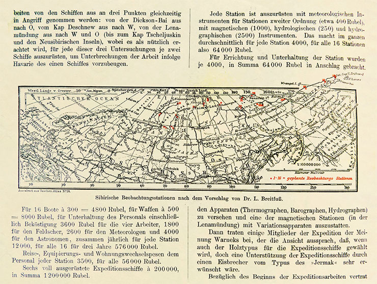 Article by Breitfuß,* dedicated to the question of a sea route to Siberia, contains a map with the proposed locations of observation stations in Siberia. *Breitfuß L. Zur Frage über den sibirischen Seeweg nach Osten // Dr. A. Petermanns Mitteilungen aus Justus Perthes’ Geographischer Anstalt. 50. Band. Gonha: J. Perthes, 1904. P. 285–290. Cartography Sector, RAS Library, St. Petersburg