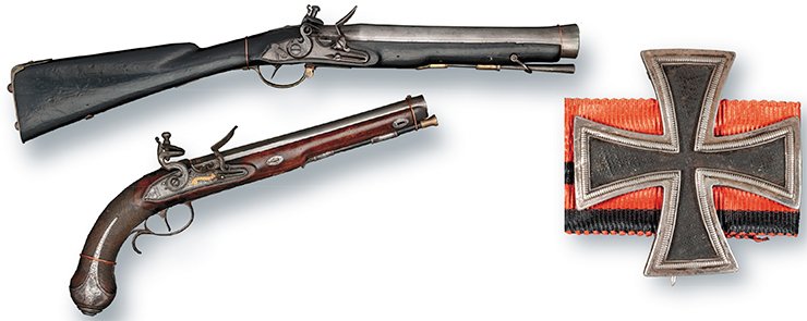 Silicon musketoon (top). Russia. The end of 18th – beginning 19th century. Silicon pistol (bottom). Russia. A. M. Surnin. Tula. The beginning of the 19th century. The Kulmski Cross (right). “The Iron Cross decoration is the Prussian decoration for the Russian participants of the Battle of Kulm (Bohemia) fought on 29—30 August 1813 during which Russian-Prussian-Austrian army defeated the French general Vandamme’s corp. Presented by D. G. Burylin at the exhibition “1812” in Moscow at the Emperor’s Russian Historical Museum. Prussia. 1813. Silver. 42 × 42 mm Silicon musketoon (top). Russia. The end of 18th – beginning 19th century. Silicon pistol (bottom). Russia. A. M. Surnin. Tula. The beginning of the 19th century. The Kulmski Cross (right). “The Iron Cross decoration is the Prussian decoration for the Russian participants of the Battle of Kulm (Bohemia) fought on 29—30 August 1813 during which Russian-Prussian-Austrian army defeated the French general Vandamme’s corp. Presented by D. G. Burylin at the exhibition “1812” in Moscow at the Emperor’s Russian Historical Museum. Prussia. 1813. Silver. 42 × 42 mm