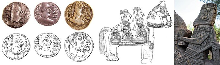 Монеты эфталитов (гуннов-алхонов правителя Мехама, 461–493 гг. н. э.)и их прорисовки (слева); прорисовки каменных всадников (в центре); всадник с кубком в руке, спешащий на встречу с богами (справа). Прорисовка монет и каменных всадников Е. Шумаковой Монеты эфталитов (гуннов-алхонов правителя Мехама, 461–493 гг. н. э.)и их прорисовки (слева); прорисовки каменных всадников (в центре); всадник с кубком в руке, спешащий на встречу с богами (справа). Прорисовка монет и каменных всадников Е. Шумаковой