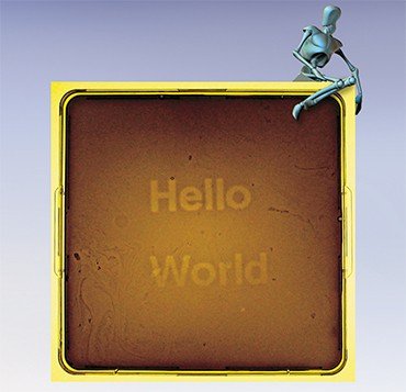 Эту знаменательную фразу – «Hello, world!» (Здравствуй, мир!), «написала» в чашке Петри «колироид» – генетически усовершенствованная модификация кишечной палочки, ранее не существовавшая в природе. Пересаженные в обычный бактериальный штамм Escherichia coli набор из одиннадцати генов заставил бактерии, растущие ровным слоем на питательной среде, стабильно менять цвет при изменении освещения. Фото UT/UCSF