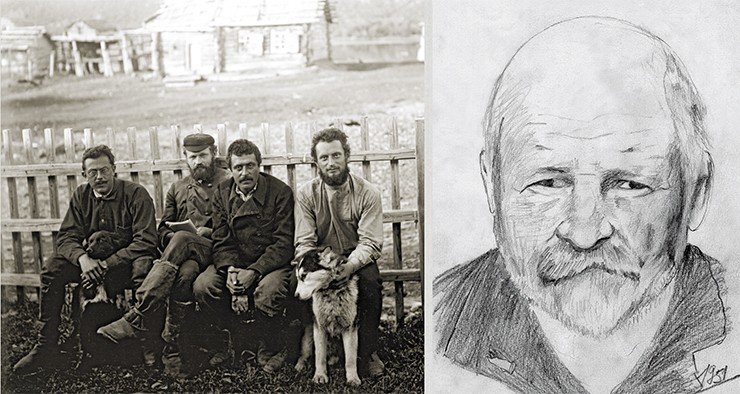 С. А. Конради, Н. Г. Келль и другие участники экспедиции, Петропавловск-Камчатский, 1908 г. Справа: дед Н. Л. Добрецова, чл.-кор. АН СССР Николай Георгиевич Келль сыграл большую роль в научной судьбе внука и был инициатором его переезда в Сибирь. Рисунок Н. Л. Добрецова, 1951 г.
