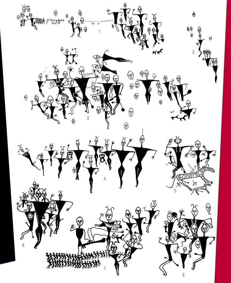 The Kangjiashimenzi petroglyphs are carved at a height of 2.5–10 m above the ground surface. The total size of the panel is 14 × 9 m, but the figures concentrate mostly on an area half as large (about 60 m2). Images were created on the rock surface by counter-relief hammering with subsequent sanding; inside the pecked-out contours, traces remain of red and, less often, white and yellow paints. Prof. Wang Binghua, who was the first to scrutinize this site in 1987 and publish a related research paper, divided all the images into eight main groups. Adapted from: (Xinjiang Tianshan, 1990). Prepared for publication by A. I. Solovyev The Kangjiashimenzi petroglyphs are carved at a height of 2.5–10 m above the ground surface. The total size of the panel is 14 × 9 m, but the figures concentrate mostly on an area half as large (about 60 m2). Images were created on the rock surface by counter-relief hammering with subsequent sanding; inside the pecked-out contours, traces remain of red and, less often, white and yellow paints. Prof. Wang Binghua, who was the first to scrutinize this site in 1987 and publish a related research paper, divided all the images into eight main groups. Adapted from: (Xinjiang Tianshan, 1990). Prepared for publication by A. I. Solovyev