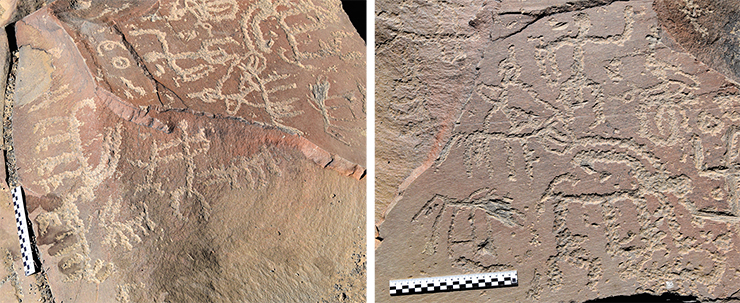 The most ancient images include drawings in the so-called linear style. Simple techniques were used to depict not only ibexes (although they prevail) but also other animals: horses, dogs, wolves. Ibex hunting scenes created in a linear style. Solar symbols appear on the same surface. Akshow, Zanskar, 2019 The most ancient images include drawings in the so-called linear style. Simple techniques were used to depict not only ibexes (although they prevail) but also other animals: horses, dogs, wolves. Ibex hunting scenes created in a linear style. Solar symbols appear on the same surface. Akshow, Zanskar, 2019