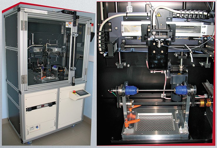 The collector electrode for an NF-103 electrospinning machine (MECC, Japan), a rotating rod, is intended for fabricating tubes with orderly arranged fibers. The machine is equipped with a movable arm carrying a coaxial spinneret for supply of two polymer solutions