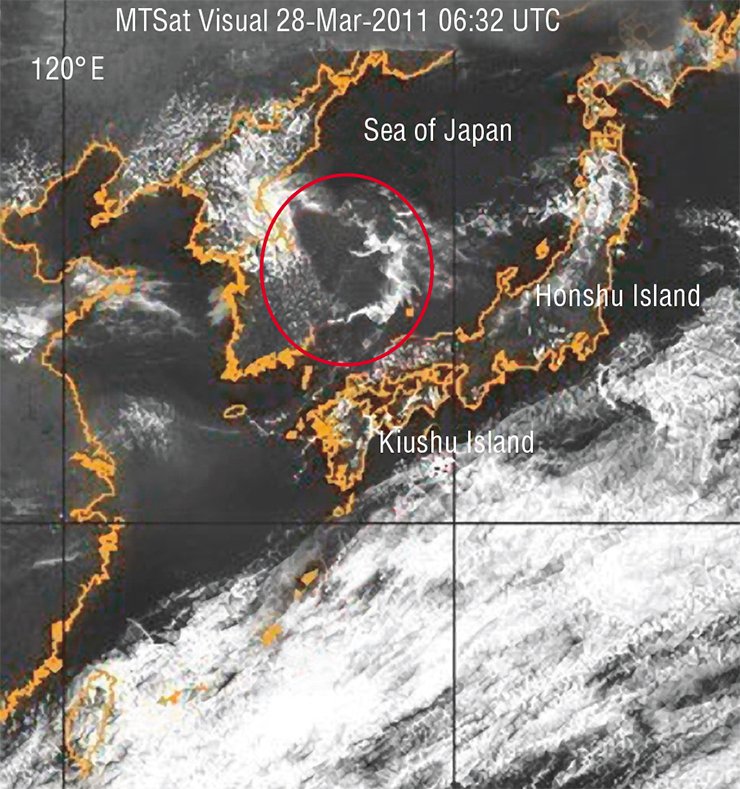 A cloud of unusual configuration hung over Sea of Japan for three hours. This “earthquake cloudiness” resulted from an emission of fluids from the depths. At the same time, a linear anomaly appeared over the small islands southward of Kiushu. The photo taken from the geostationary satellite NASA on March 28, 2011. (Naval Research Laboratory, Marine Meteorology Division, Monterey, CA) A cloud of unusual configuration hung over Sea of Japan for three hours. This “earthquake cloudiness” resulted from an emission of fluids from the depths. At the same time, a linear anomaly appeared over the small islands southward of Kiushu. The photo taken from the geostationary satellite NASA on March 28, 2011. (Naval Research Laboratory, Marine Meteorology Division, Monterey, CA)