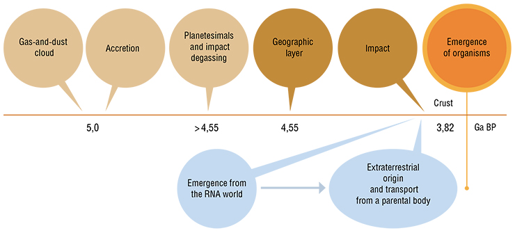 Early steps of the Earth’s history before the emergence of life (Zavarzin, 2010). Alternative scenarios are shown: emergence of organisms from the RNA world or their extraterrestrial origi
