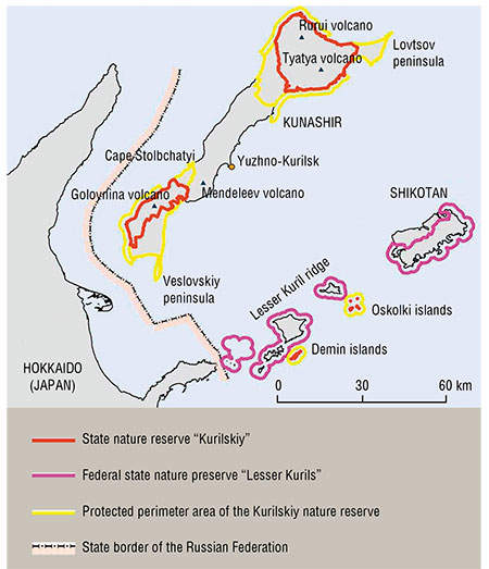 The territory of the Kurilskiy nature reserve (65861 hectares) includes three plots, with two of the plots situated on the Kunashir, and the third plot including islands of the Lesser Kuril ridge (Demina and Oskolki). The territory is surrounded by a protected perimeter area (both land and aquatic). The territory of the Lesser Kurils nature preserve (67892 hectares) includes the majority of the Shikotan and all other islands of the Lesser Kuril ridge along with the adjacent marine protected perimeter area, which is one mile wide