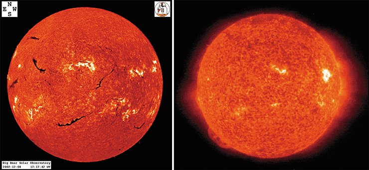 Слева: солнце в линии H⍺ 8 декабря 2002 г. Фото: Big Bear Solar Observatory. Справа: солнце в линиях He II и Si XI (30,4 нм) 27 июня 2005 г. Фото: SOHO (ESA, NASA) Слева: солнце в линии H⍺ 8 декабря 2002 г. Фото: Big Bear Solar Observatory. Справа: солнце в линиях He II и Si XI (30,4 нм) 27 июня 2005 г. Фото: SOHO (ESA, NASA)