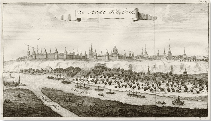 Тобольск. Рис. из кн. Э. И. Идеса «Driejaarige reize naar» (1710 г.). Maastricht University Library. Public Domain