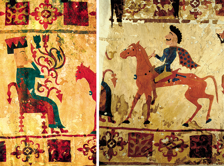 Большой войлочный ковер (ГЭ № 1687-95). Пятый Пазырыкский курган. Слева – фрагмент с богиней. Справа – фрагмент со всадником. Государственный Эрмитаж (Санкт-Петербург) Большой войлочный ковер (ГЭ № 1687-95). Пятый Пазырыкский курган. Слева – фрагмент с богиней. Справа – фрагмент со всадником. Государственный Эрмитаж (Санкт-Петербург)
